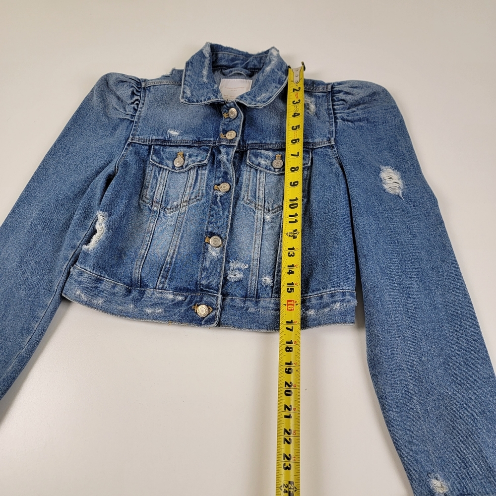 Zara Light Blue Distressed Puff-Shoulder Cropped Jean Jacket - Picture 4 of 12